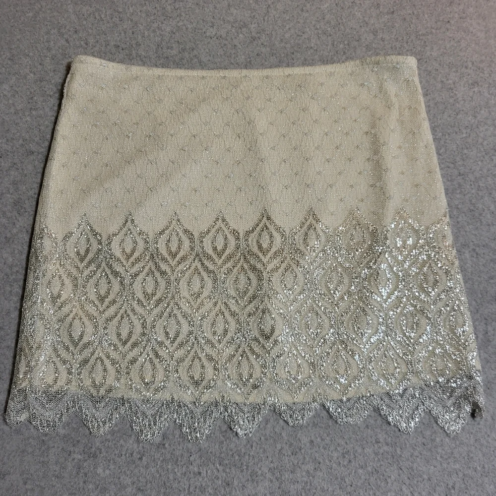 Free People Mini Lurex Skirt Sz 12 Ivory Silver Metallic Overlay Lace Glam Party